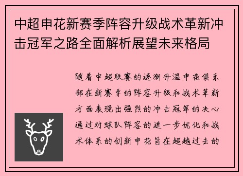 中超申花新赛季阵容升级战术革新冲击冠军之路全面解析展望未来格局